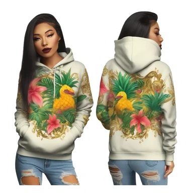 Trendy lady tropical multicoloured baroque hoodie with tattoos and gold chain sticker