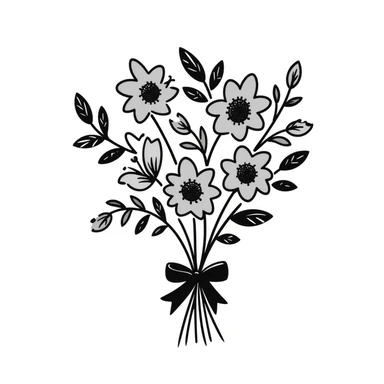 A beautiful bouquet of mixed flowers with ribbon in pastel colors (dd9fb0, ffc6d3, a3bfc9, c4bee2, f1b091), hand-drawn doodle style sticker