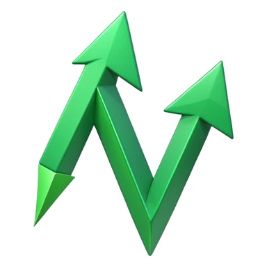 iOS-style 3D emoji: a glossy green arrow curving upward, attached to a jagged rising line chart, with smooth gradients and soft shadow sticker
