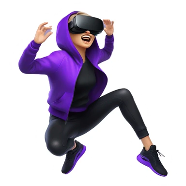 Russian girl wearing black hoody with violet letters "OMG", in vr headset oculus quest2. jumping. Cyberpunk style. Violet neon. sticker