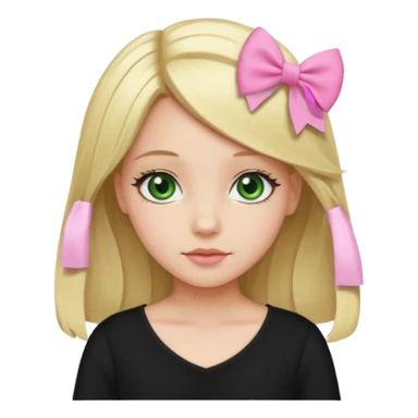 blonde girl middle part, pink bow in hair, plain black top, green eyes. sticker