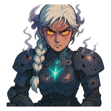  she is wearing armor, maximum power , armor riddled with bullet holes, smoking, vengeful aura demon glare eyes, a closeup portrait of young woman with gold yellow eyes, white hair, long braid, black off-shoulder top d-cup, punk gothic style, futuristic cyberwave cyberpunk, sitting position sticker