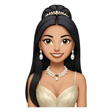 beautiful fit tall woman, with long straight black hair, with make up, black eye liner, smile mooth close, mexican, brown skin, wearing beautiful couture outfit and discret pearl  sticker