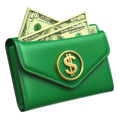 Rich emoji style greenleather wallet with dollar bills, luxury money vibe, premium 3D emoji, ultra clean, high detail, no background sticker