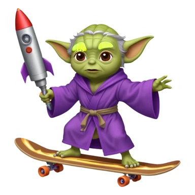 yoda in a purple robe using a rocket as a skate sticker