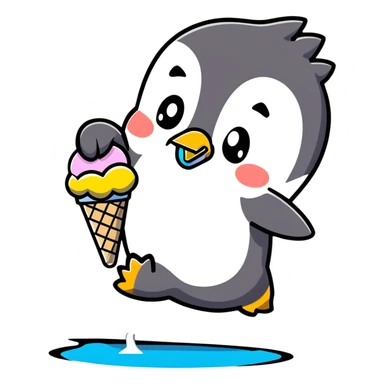 Clumsy penguin slipping on ice with ice cream cone sticker