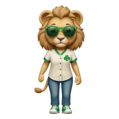 confident anthropomorphised female lion wearing baseball shirt and jeans with shamrock and green accents, dark sunglasses, walking upright, looking self-assured sticker