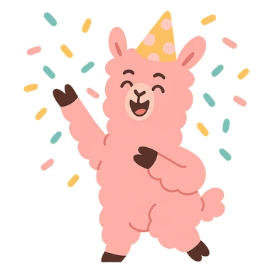 pink alpaca wearing a polka-dot party hat, throwing confetti, pastel-toon style sticker