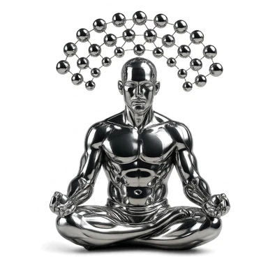 reflective chrome silhouette of a man in the lotus position, meditating, with a pattern of floating metallic spheres above, arranged like a net sticker