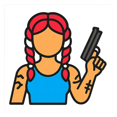 A character with red and white braided hair, tattoos on her arms, holding a gun sticker