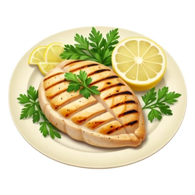 Draw a grilled chicken breast on a plate with herbs & lemon slices. sticker