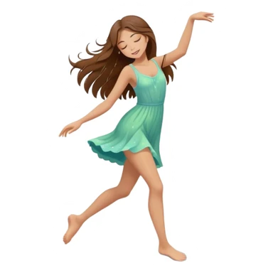 Girl with long brown hair dancing barefoot in the rain with closed eyes spring colors cartoon style elegant romantic love life  sticker