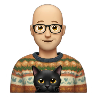 Bald man with funky sweater holding a black cat sticker