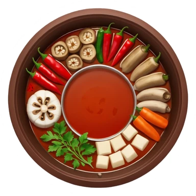 A hot pot emoji in top-down view. The pot is divided into two sections: one with spicy red broth filled with chili peppers, and one with mild white broth. Surround the pot with rolled slices of meat, vegetables, and mushrooms. sticker