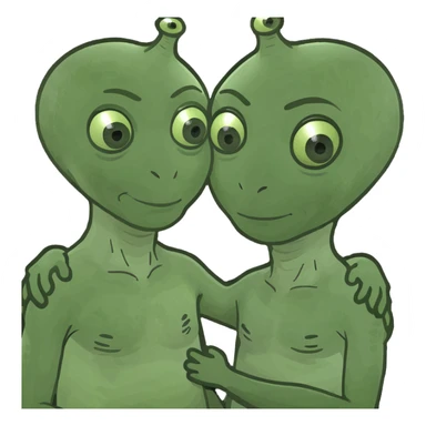 two aliens, a small one and a large one, are standing in an embrace sticker