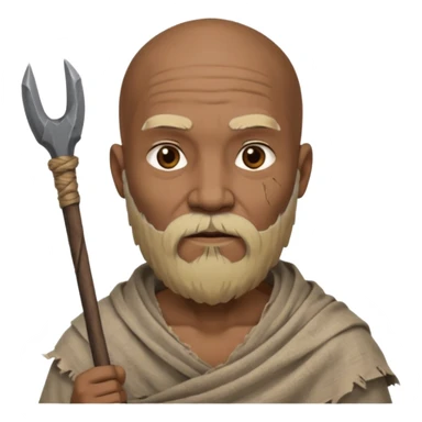 black ancient man, tattered cloth with raw stick weapon, beard and bold sticker