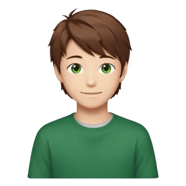 the face of an Anime asian style teen boy with brown hair, green eyes, looking smiling slightly sideways positioned. Face must be main filling of the emoji.  128px sticker