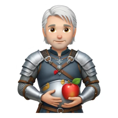 Geralt of Rivia holding pregnant belly, silver hair, medieval armor, gentle smile, Apple emoji style sticker