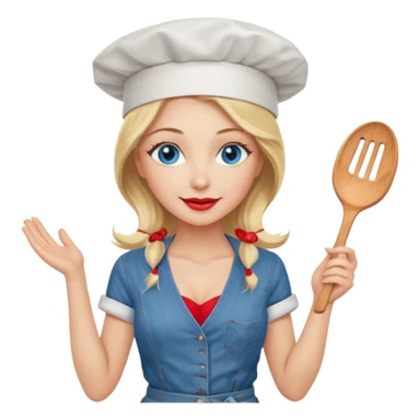Beautiful, sexy,  long blonde hair, blue eyed, full red lips plunging v neck shirt, denim shorts, chef hat  sticker
