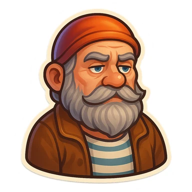 A dwarf with gray hair, a gray mustache, a gray beard, and gray eyebrows. He has blue eyes and wrinkles on his forehead. He is wearing a striped t-shirt and a brown jacket. The dwarf is displaying an idle emotion. sticker