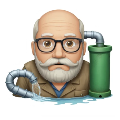 50 year old bearded and moustached white male wearing glasses. His mouth has been cast into a frame made of concrete and out of his mouth is flowing sewer water connected to a drain pipe. He is proud and thinks his right, while being slightly angry because the joke is on him. sticker