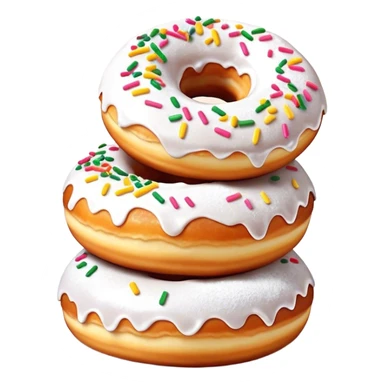 Cinematic fluffy donuts, perfectly golden and dusted with powdered sugar, vibrant icing with sprinkles, stacked in a playful arrangement, soft glowing highlights, warm and inviting. sticker