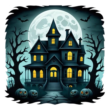 Icon for Horror Movies: A dark, eerie collage featuring iconic horror elements like a haunted house, a full moon, sinister shadows, and creepy creatures emerging from the darkness. The atmosphere should be chilling, with a feeling of suspense and fear. Transparent background. sticker