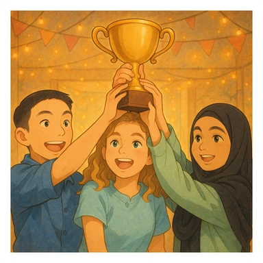 Illustrate the four students shown in the photos lifting a trophy together in a warm atmosphere, joyful expressions, soft golden light, festive background in Ghibli style. sticker