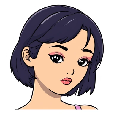 pretty girl with black hair, fair skin, makeup, and eyeliner sticker