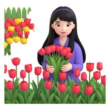 girl with long black hair and thin bangs, gathering tulips in a garden sticker