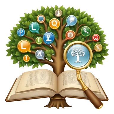 An icon featuring an open book, a speech bubble, and a linguistic tree, symbolizing philology and linguistics. The design includes alphabets, language symbols, and a magnifying glass, representing the study of language, structure, and meaning. Transparent background sticker