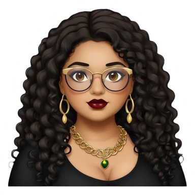 teen big plus size, latina, darker tan skin, gold jewelry, long black curly hair, baddie,pretty, makeup, dark red lipgloss, black eyeliner, long hair, black top, black glasses sticker