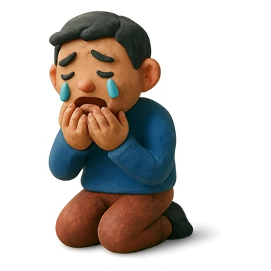 claymation style sad Asian man kneeling, crying sticker