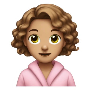 Green eyed girl with brown wavy hair with a pink dressing gown on and a facemask sticker
