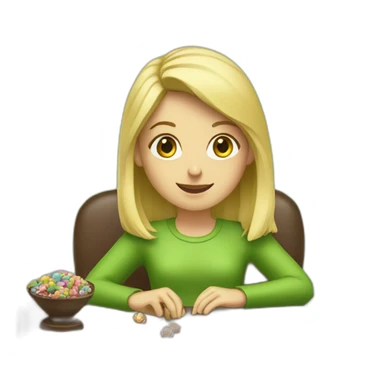 Girl with blonde hair sitting at a desk wrapping chocolate candies with solid green background sticker