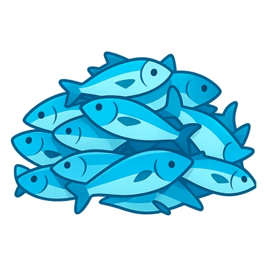 Create a large pile of blue fish in emoji style, variation 2. The image should resemble apple style emojis with concise details and vibrant blue colors, with a different variation in arrangement or shading from the base and variation 1 versions. sticker