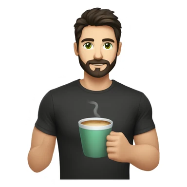 Handsome man with dark hair, holding an cup of coffee, gradient short hair on the side, green eyes. Thin face. Black t-shirt. A little beard. sticker