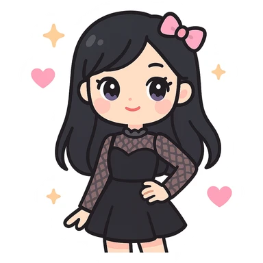 Transform the image into a K-pop inspired gothic girl with a stylish stage outfit, trendy hair, and a confident pose. Preserve the transparent background. Style should reflect K-pop gothic fashion with edgy and fashionable elements. sticker