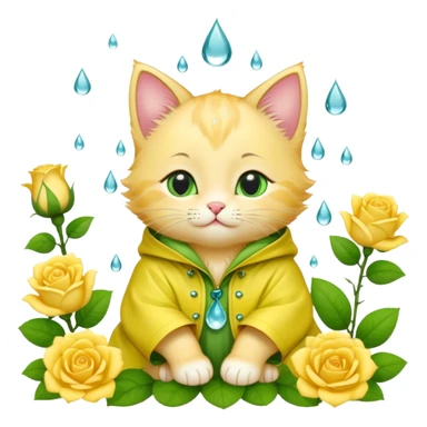 A soft green kitten with raindrop patterns, a rose tucked behind one ear, wearing a yellow raincoat, sitting among blooming flowers. sticker