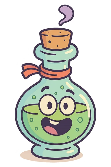 whimsical potion bottle, flat vector style, playful design, bright colors, smooth edges sticker