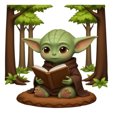 Baby Yoda con su tunica chocolate leyendo en un bosque sticker