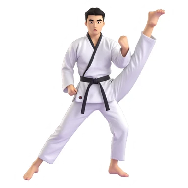 Taekwondo fighter in a dynamic kicking pose, wearing a traditional dobok uniform, black belt, intense focus sticker
