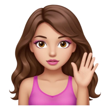 girl with long wavy brown hair, brown eyes, light to medium complexion, in a pink sexy top, pink lips, long lashes, silent motion with the hand sticker