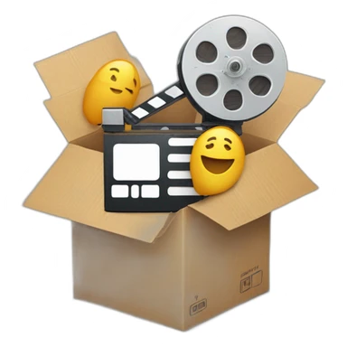 Video icons, movie camera, film, play, logos, likes, thumbs up, marks, views, coverage, applause fly out of a Cardboard box sticker