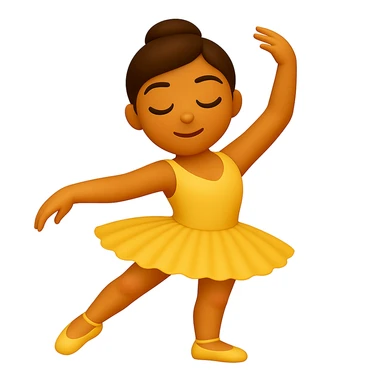 Keep the image just like the reference but show the ballerina's full legs in the style of iOS emoji. Same pose, yellow tutu, elegant, smooth, and shiny. Add a slight blush to the knees. sticker