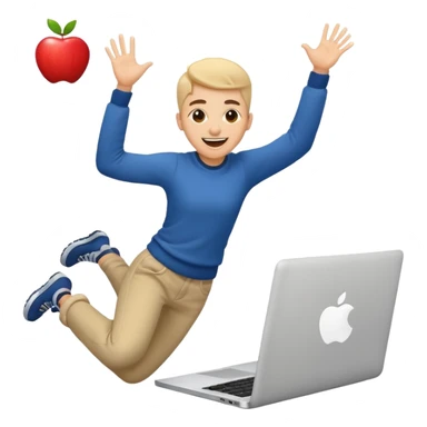 crazy student with laptop, jumping with excitement, apple style emoji sticker