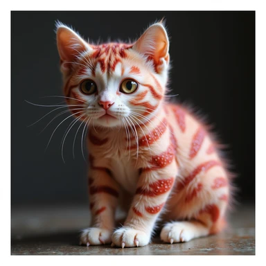 a photorealistic cat with skin covered in strawberry patterns, thick bushy eyebrows, and white toes, detailed, lifelike sticker