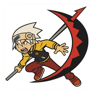 Soul Eater Evans transforming into scythe form, white hair, headband, anime style, action scene sticker