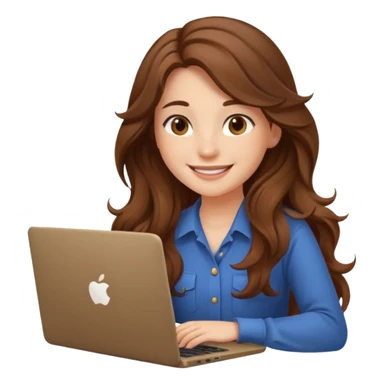 Sitting in front of a laptop in the style of a cute female developer. Not wearing glasses, smiling with long hair waves. Early 20s
 sticker