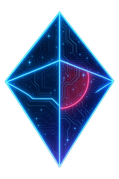 Transform the No Man's Sky logo into a cyberpunk, holographic style with glowing neon blue and pink edges, circuit patterns throughout the entire icon, and a transparent background. Maintain the recognizable geometric shape and keep the red section prominent, overlaying neon and circuit effects in the same futuristic, clean style as previous cyberpunk icons. The whole icon should have a consistent cyberpunk glow and intricate circuit details in a futuristic, clean style. sticker